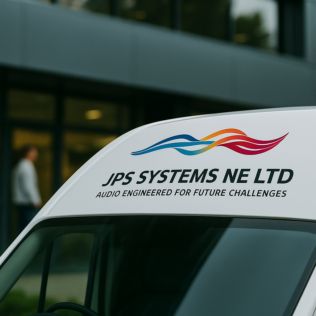Close-up of the JPS Systems NE Ltd logo on a service van
